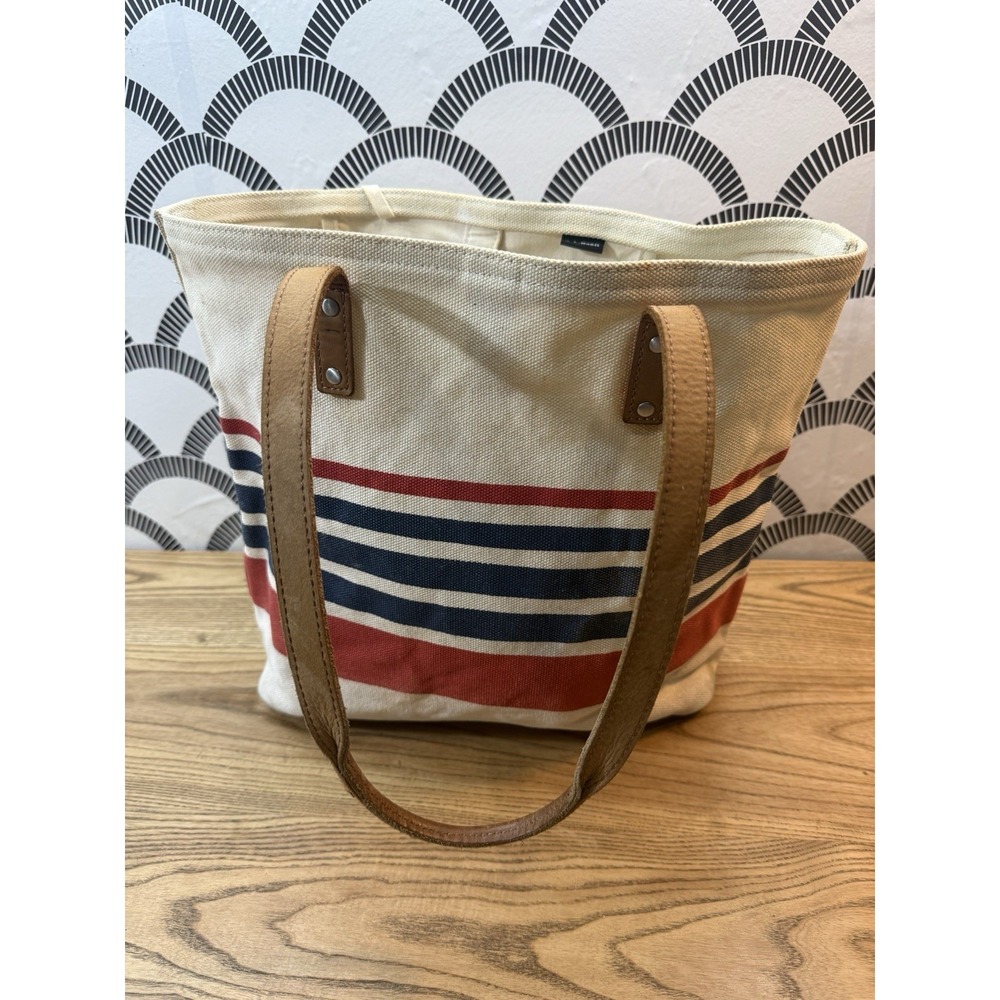Vtg LL Bean Boat N Tote Canvas Bag Large Red White Blue Leather Handles Striped